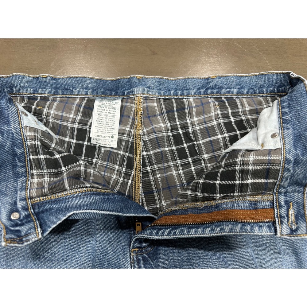 Carhartt B172 DST Flannel Lined Relaxed Fit Jeans Mens 42x32 Blue Denim Plaid - Picture 8 of 13